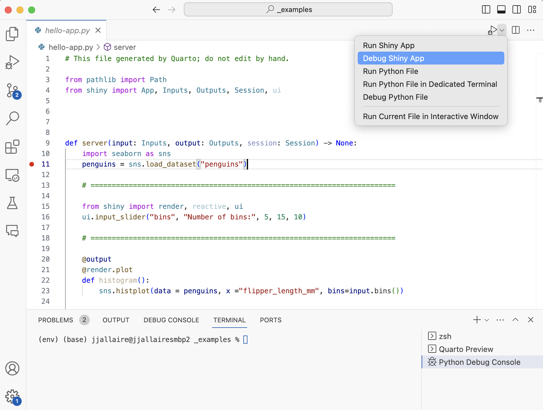 Screenshot of VS Code with the file hello-app.py open. In the top right, a menu is open from the Run dropdown with the Debug Shiny App item selected.